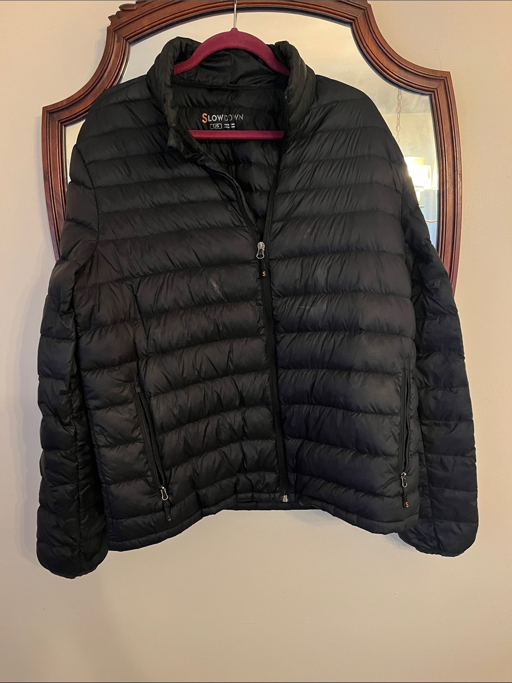 Slow Down Men's Black Down Filled Lightweight Packable Puffer Jacket Large in EU